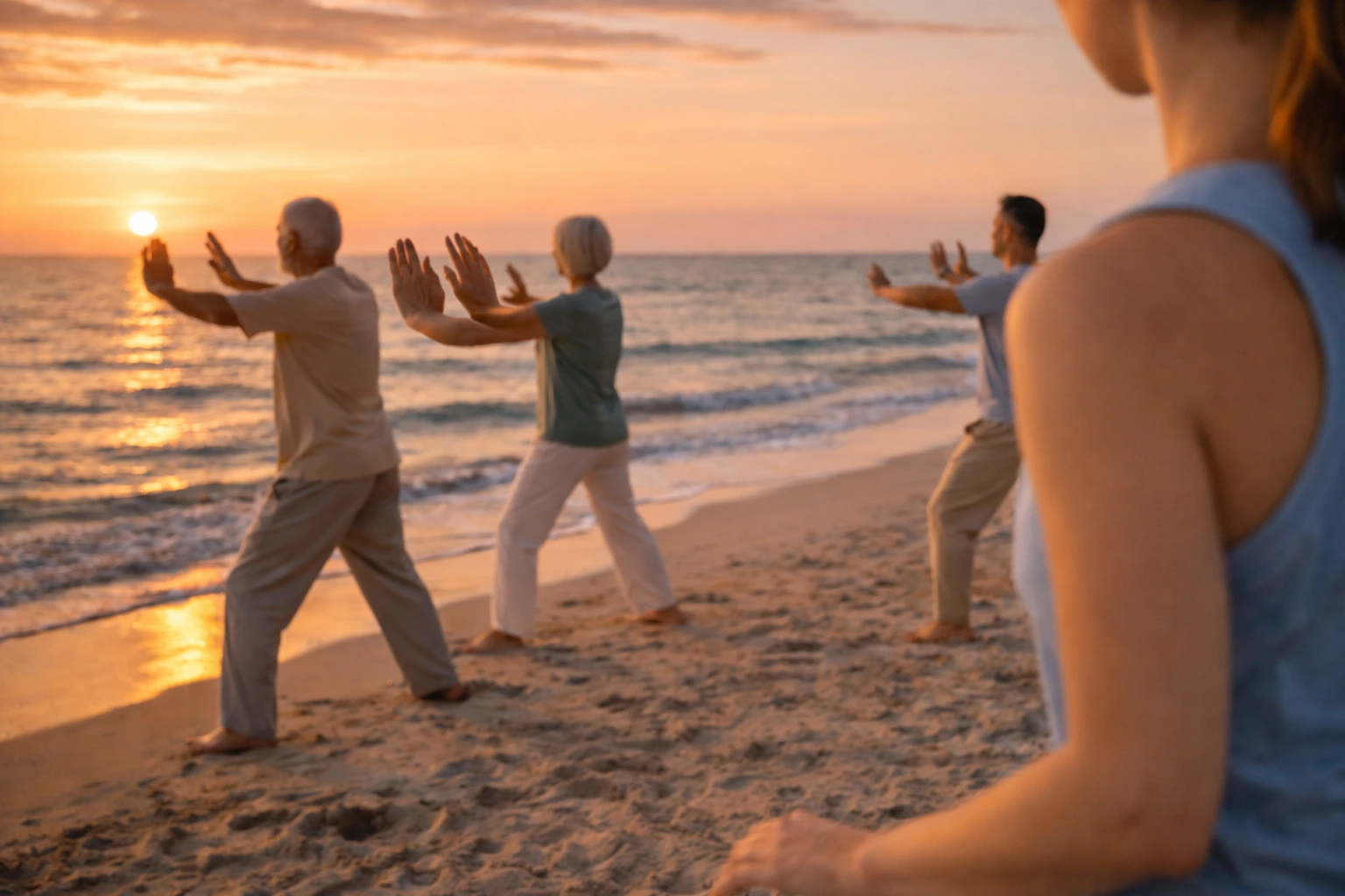 mujer practicando Qigong en la playa de Málaga
